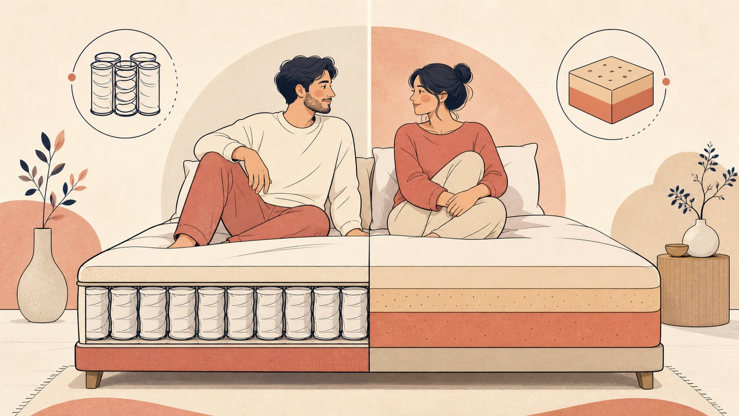 Illustration comparative entre ressorts ensachés et mousse pour un couple